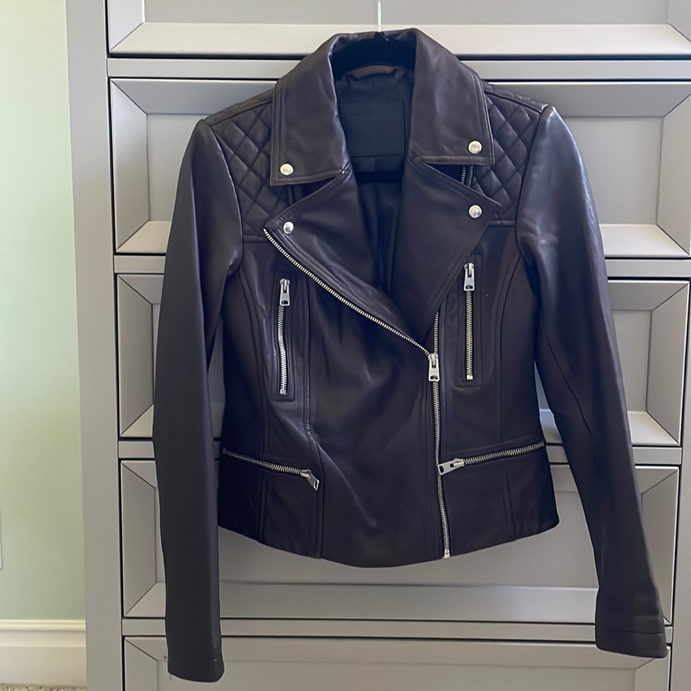 All Saints Catch Biker womens leather jacket in sz 4, color oxblood